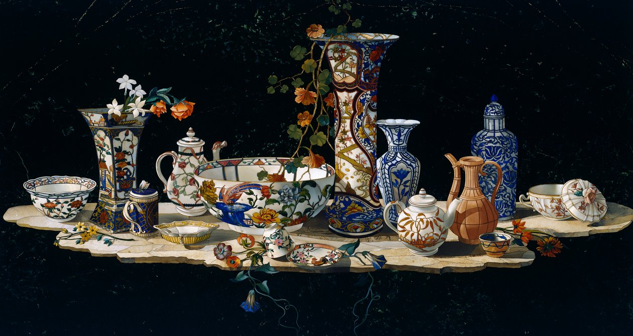 Piano del tavolo con vasi di porcellana, ca 1797, mosaico di pietre semipreziose su marmo, creato nelle officine granducali di Firenze da un modello di Antonio Cioci, cultura italiana da Antonio Cioci or Ciocchi