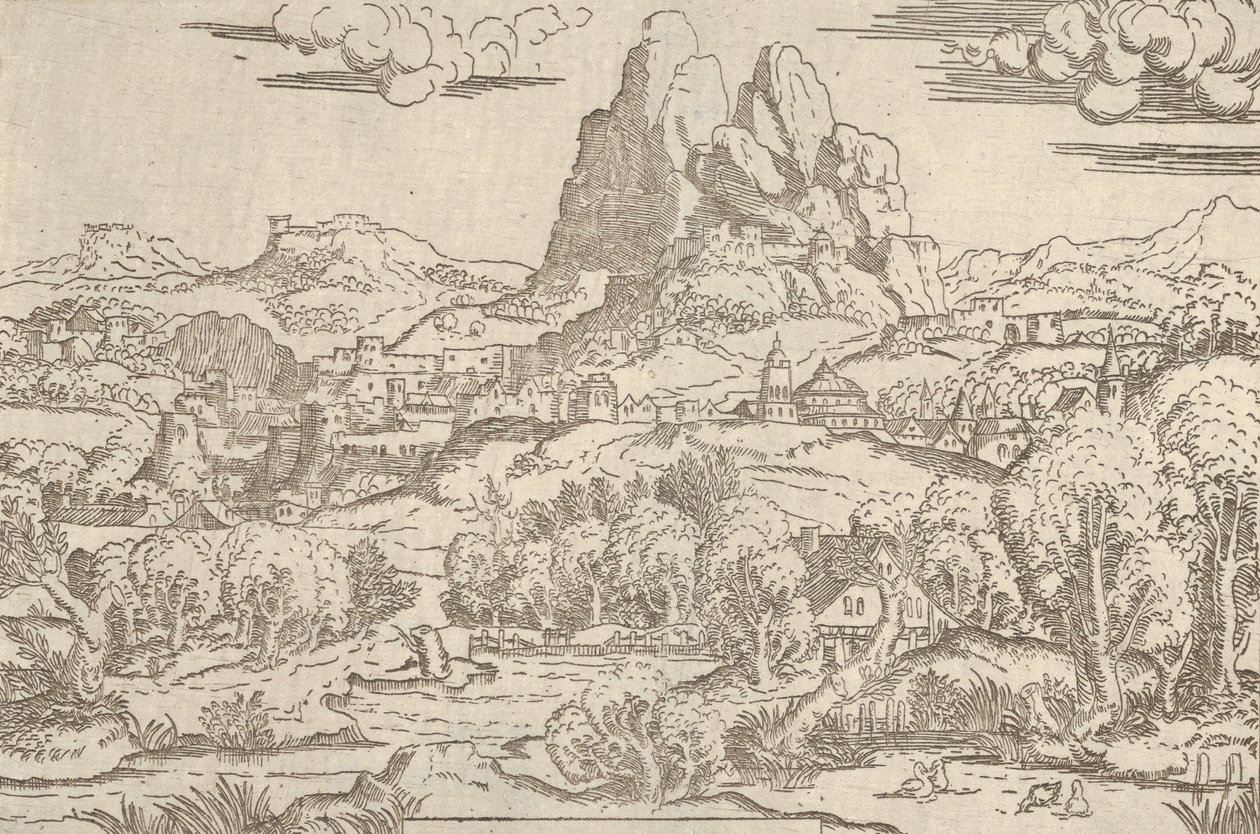 Paesaggio dalla cornice di Venere che spinge Cupido, 1540-45 da Antonio Fantuzzi