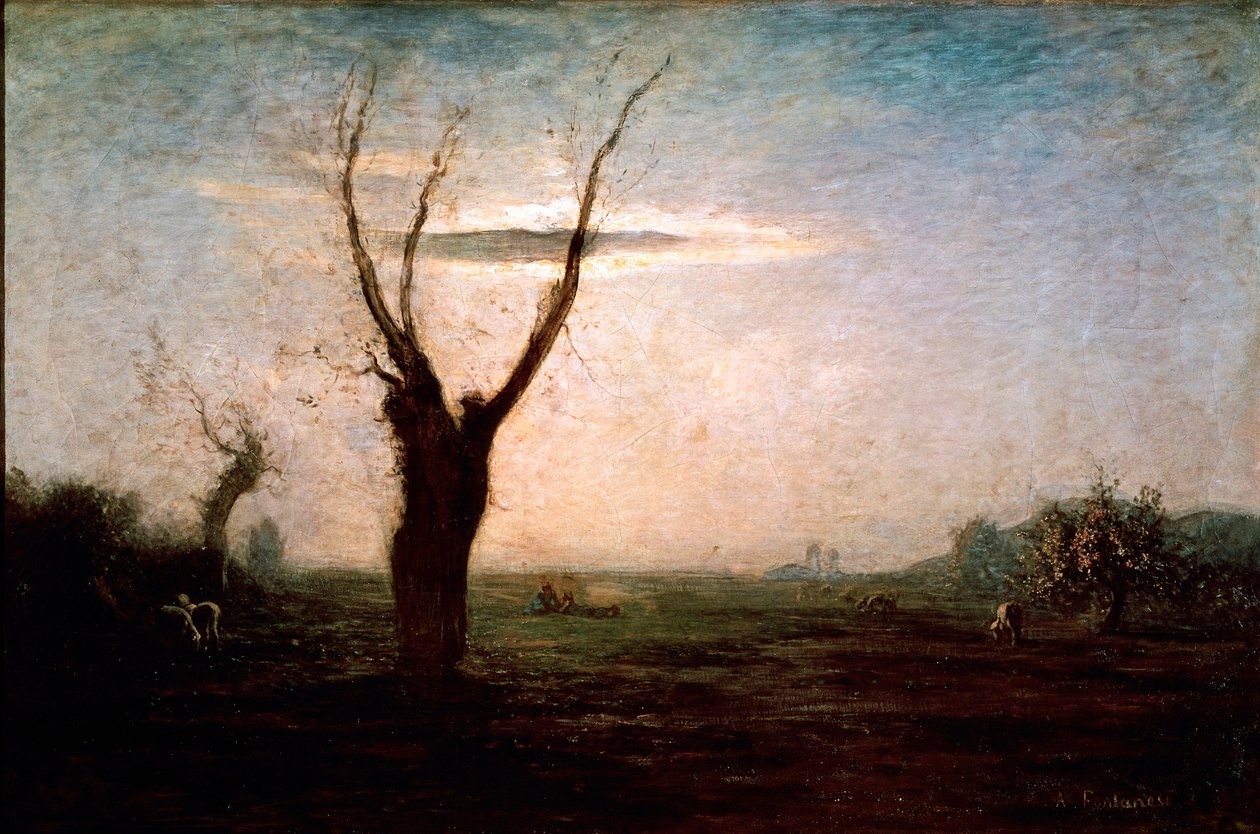 Paesaggio di aprile di fine inverno con un albero ancora senza foglie da Antonio Fontanesi