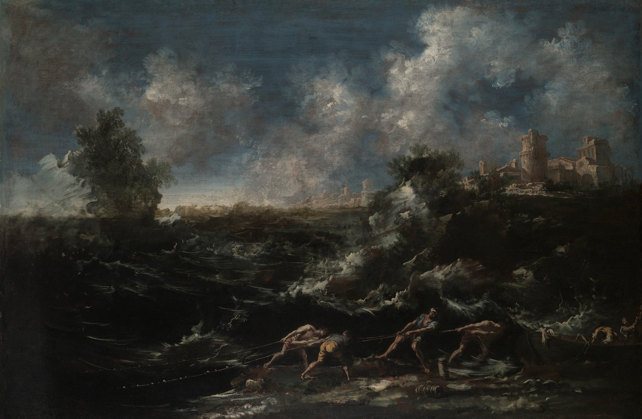 Paesaggio marino con pescatore che tira fuori le reti da Antonio Francesco Peruzzini