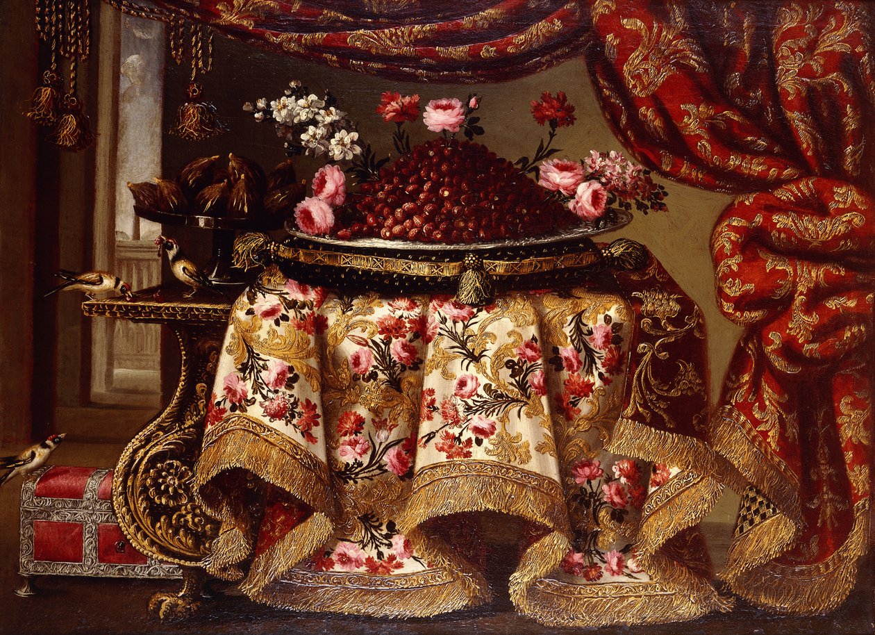 Un piatto di fragole con fiori su un cuscino e una tazza di fichi su un tavolo drappeggiato con un panno ricamato, con uccelli e cassa accanto a una tenda e finestra da Antonio Gianlisi