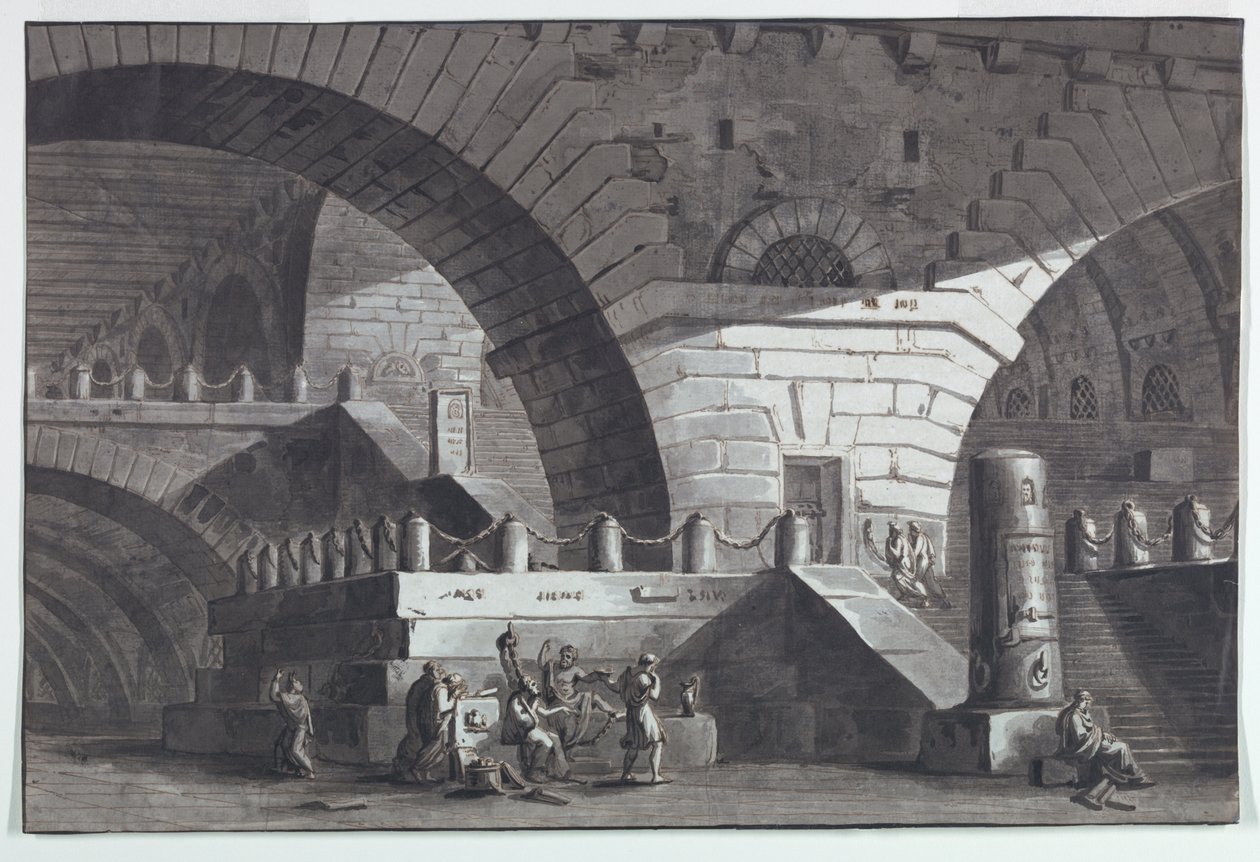 Scenografia, interno di prigione con la morte di Socrate da Antonio Giuseppe Basoli
