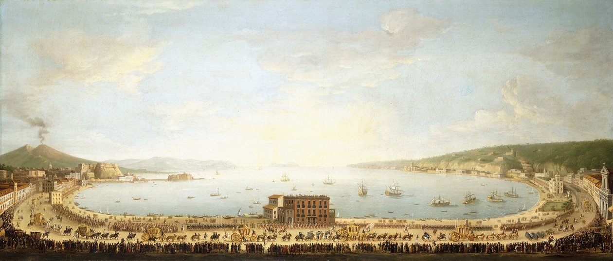 Una vista panoramica della baia di Napoli, con la processione reale a Piedigrotta da Antonio Joli