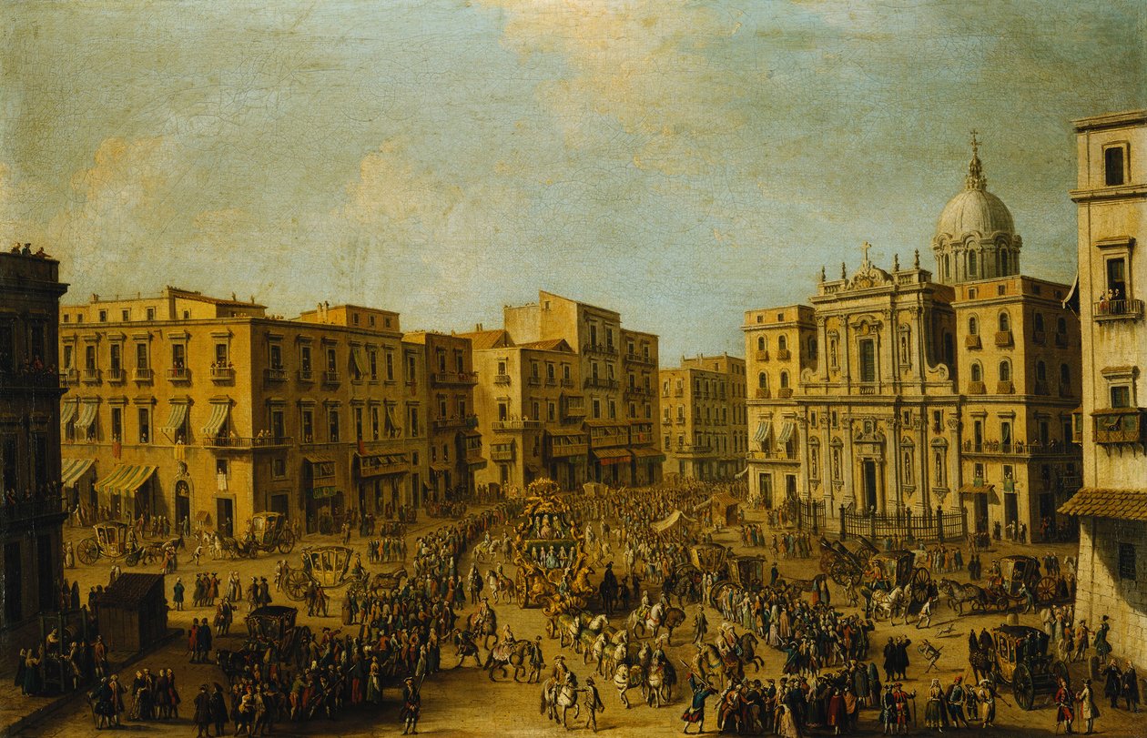 Il Largo San Ferdinando, Napoli, durante il Carnevale con la Carrozza Reale che si Avvicina al Palazzo Reale da Antonio Joli