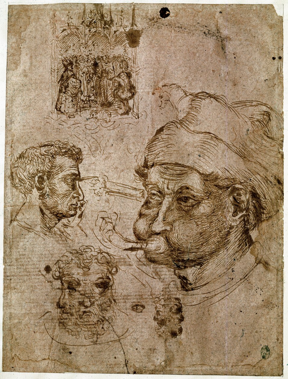 Quattro teste di uomini, due delle quali con tre facce. Un altare. Un cavallo. Disegni dalla bottega di Antonio di Puccio Pisano detto Pisanello da Antonio Pisanello