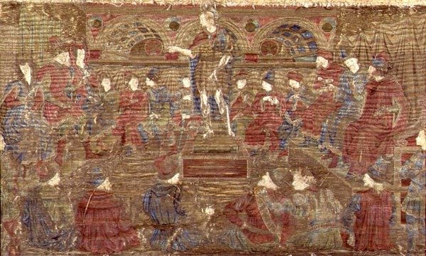 San Giovanni Battista che rimprovera Erode, arazzo che raffigura scene della vita del santo da Antonio Pollaiuolo