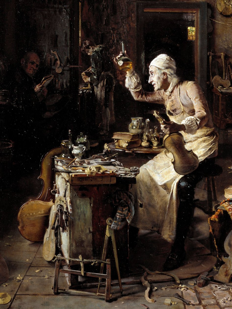 (dettaglio) Il liutaio italiano Stradivari (Antonio Stradivari) (1644-1737) nella sua bottega da Antonio Rinaldi