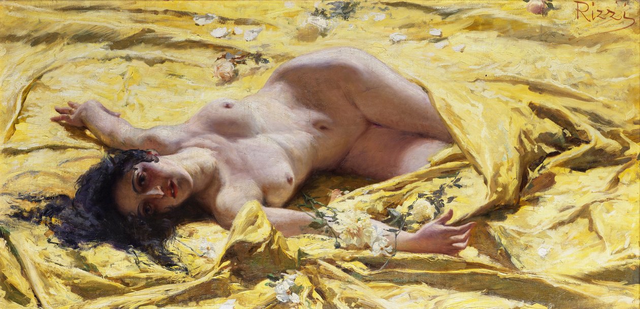 Nudo su lenzuola gialle da Antonio Rizzi
