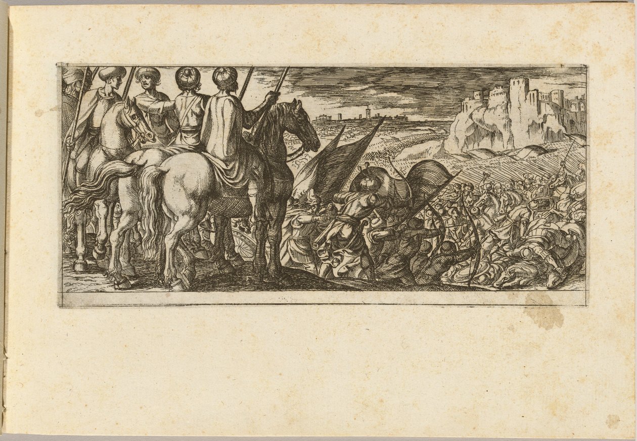 Scena di battaglia con cavalleria che osserva da una collina da Antonio Tempesta