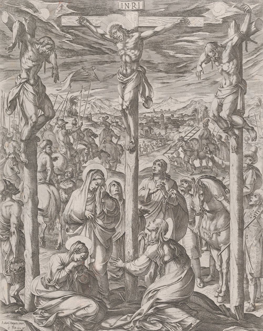 Cristo crocifisso tra i due ladroni, le tre Marie ai piedi della croce da Antonio Tempesta