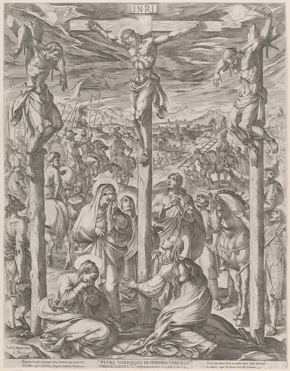 Cristo crocifisso tra i due ladroni, le tre Marie ai piedi della croce da Antonio Tempesta