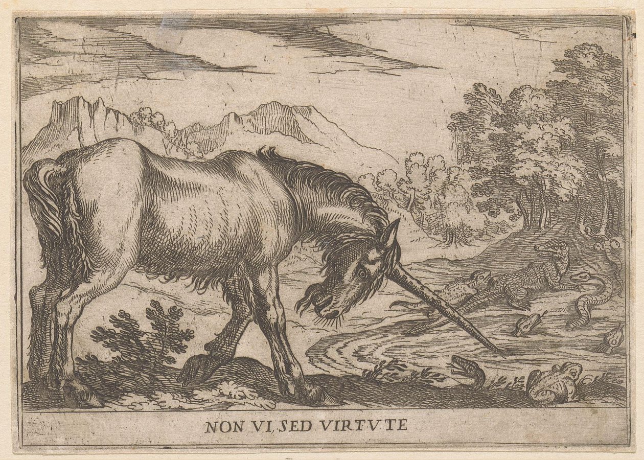 Un unicorno scaccia le lucertole da uno stagno da Antonio Tempesta