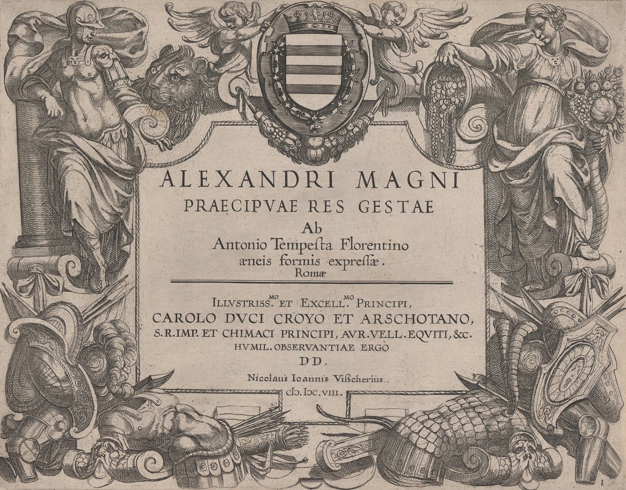 Frontespizio alla vita di Alessandro Magno, a sinistra è Bellona e a destra una figura femminile ..., 1608 da Antonio Tempesta
