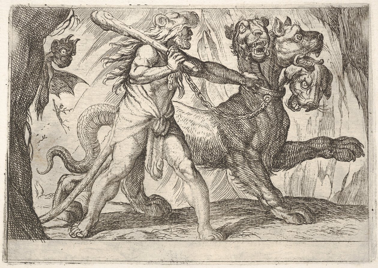 Ercole e Cerbero: Ercole afferra il collare di Cerbero, due demoni appaiono a sinistra..., 1608 da Antonio Tempesta
