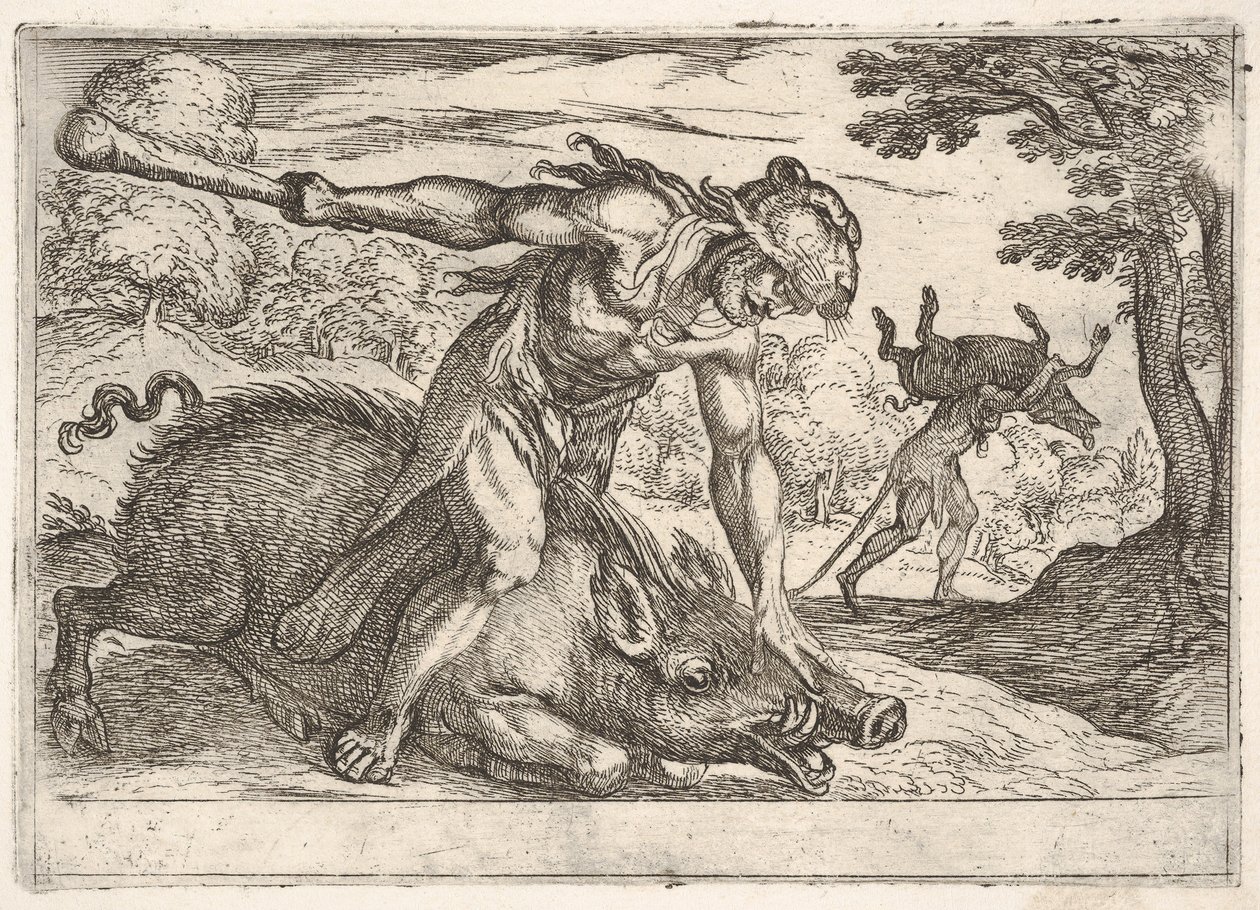 Ercole e il cinghiale di Erimanto: Ercole tiene giù il muso del cinghiale con la mano sinistra, 1608 da Antonio Tempesta