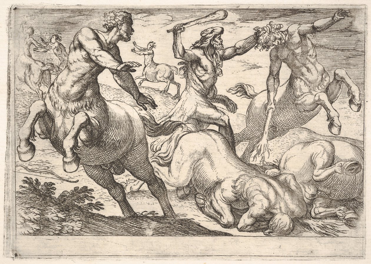 Ercole e i centauri: Ercole tiene la testa di un centauro con la mano sinistra e solleva la clava da Antonio Tempesta