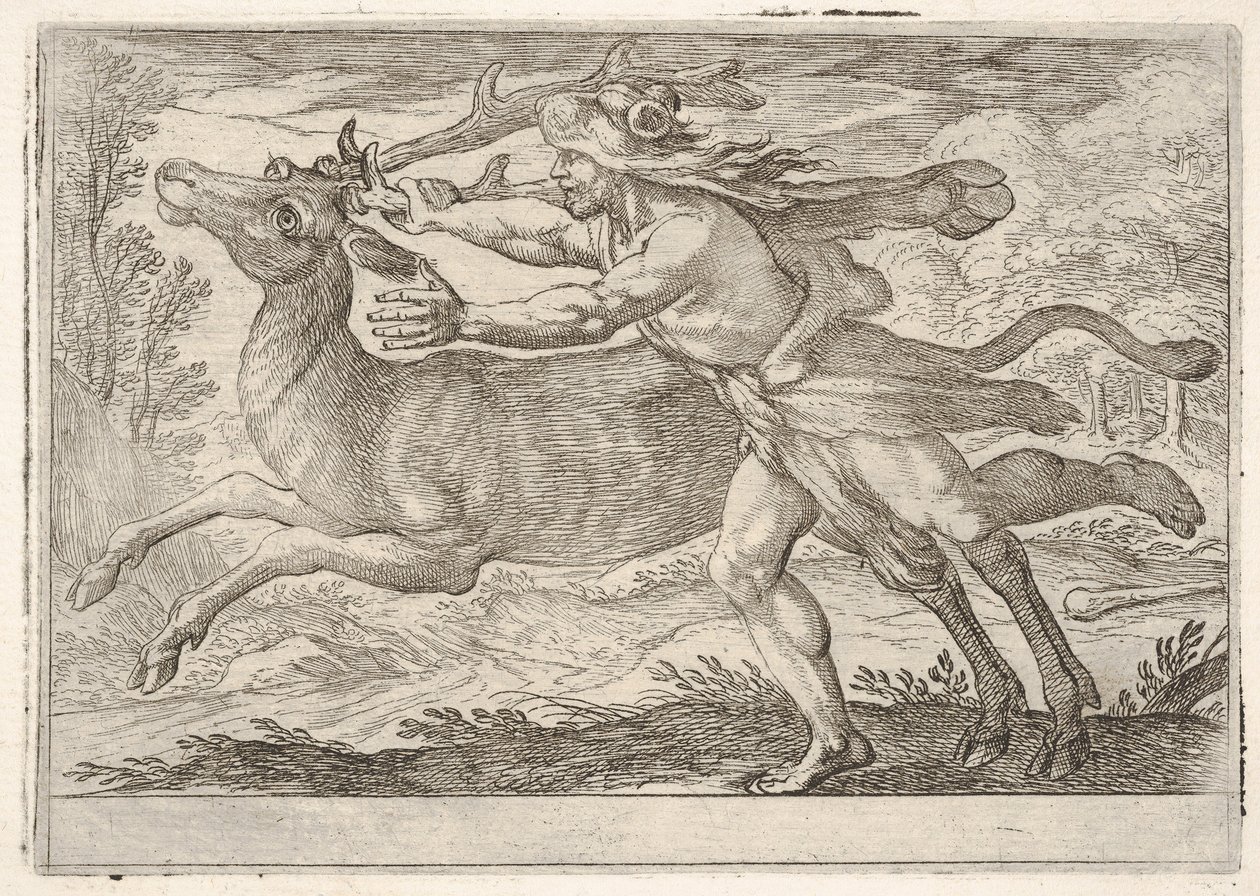 Ercole e la cerva di Monte Cerynea: Ercole cammina accanto alla cerva e la afferra..., 1608 da Antonio Tempesta