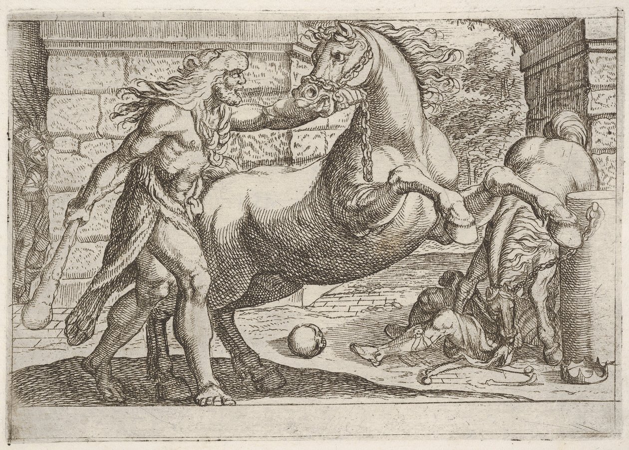 Ercole e le cavalle di Diomede: Ercole afferra le briglie di un cavallo impennato da Antonio Tempesta