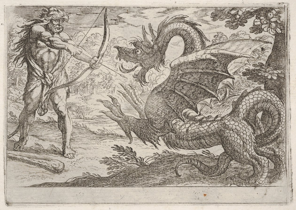 Ercole e il serpente Ladone: Ercole tende il suo arco, appare il serpente raring da Antonio Tempesta