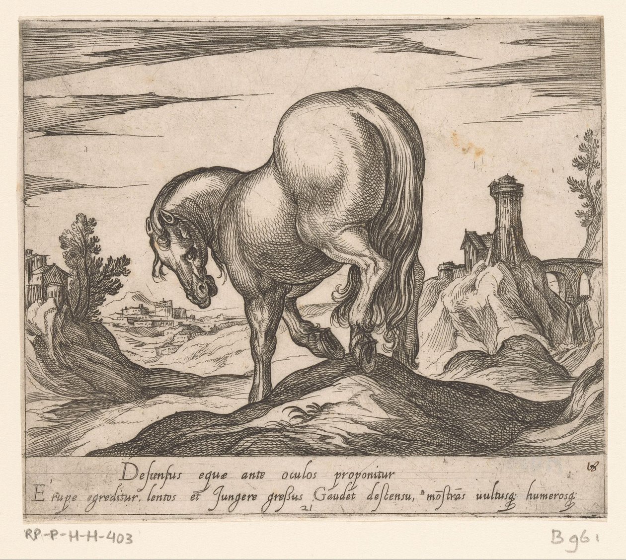 Cavallo che scende una collina visto da dietro (serie Paarden uit verschillende landen, His ducibus princeps celebraberis ore viroru illa homines beat haec sideribusq locat) da Antonio Tempesta