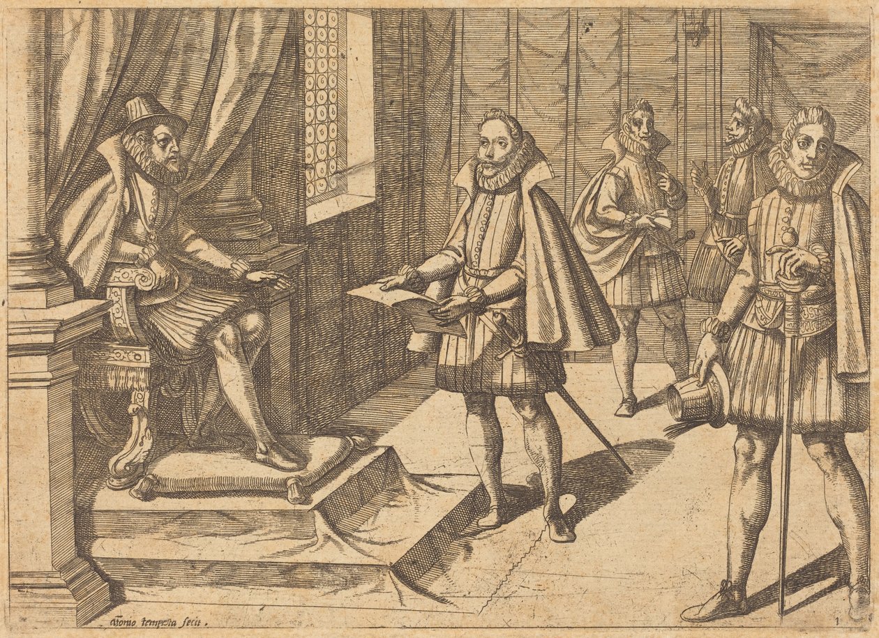 Filippo II di Spagna sul trono da Antonio Tempesta