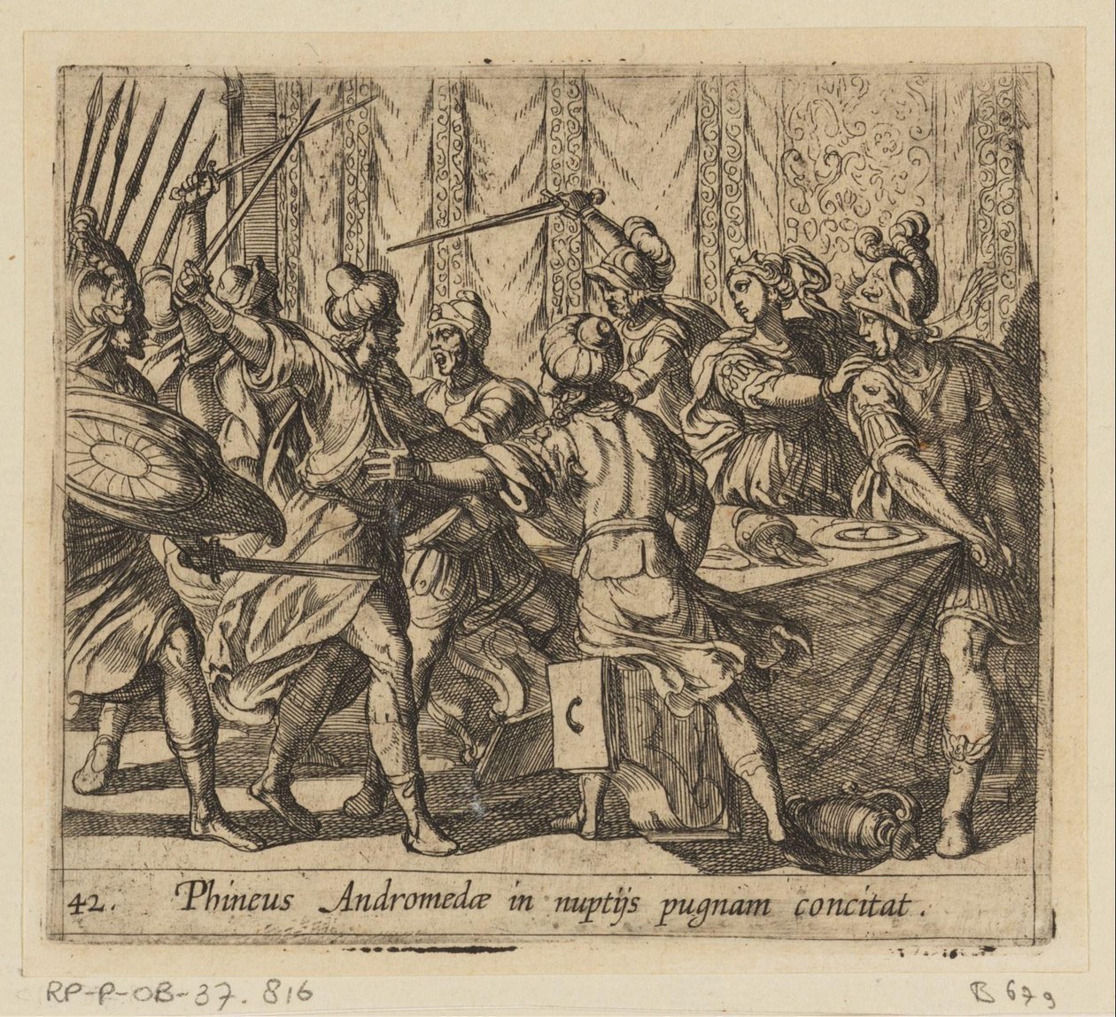 Fineo interrompe il matrimonio di Perseo e Andromeda (Phineus Andromedae in nuptijs pugnam concitat, Metamorfosi di Ovidio) da Antonio Tempesta