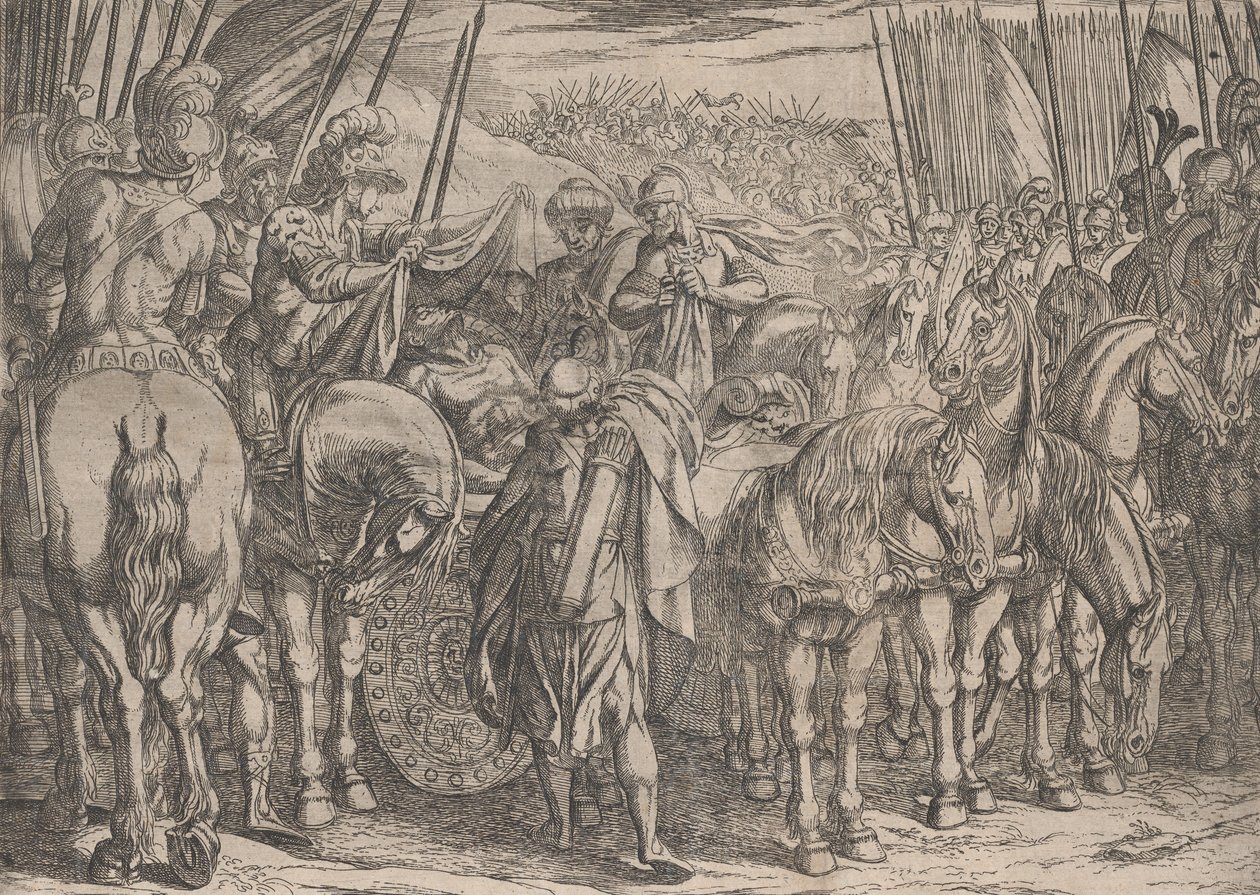 Tavola 10: Alessandro trova il corpo di Dario, dalle Imprese di Alessandro Magno, 1608 da Antonio Tempesta