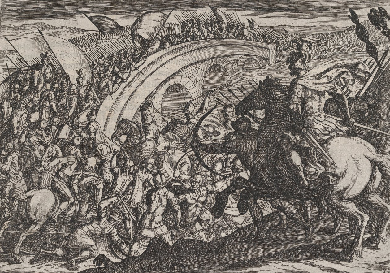Tavola 11: Le truppe di Civilis attraversano il fiume Mosa, dalla guerra dei Romani contro i ..., 1611 da Antonio Tempesta