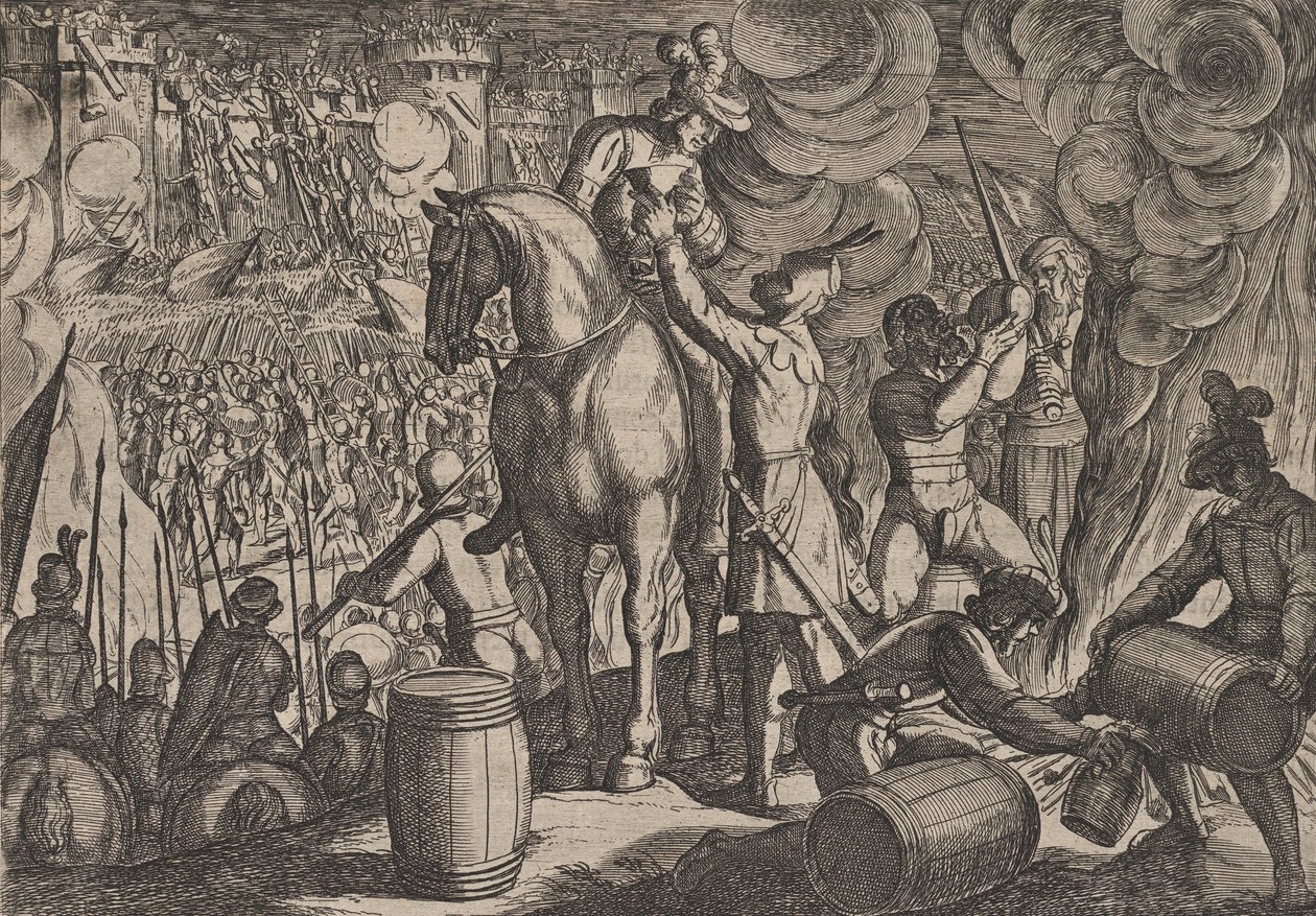 Attacco alla Fortezza Romana di Notte, da La Guerra dei Romani contro i Ba..., 1611 da Antonio Tempesta