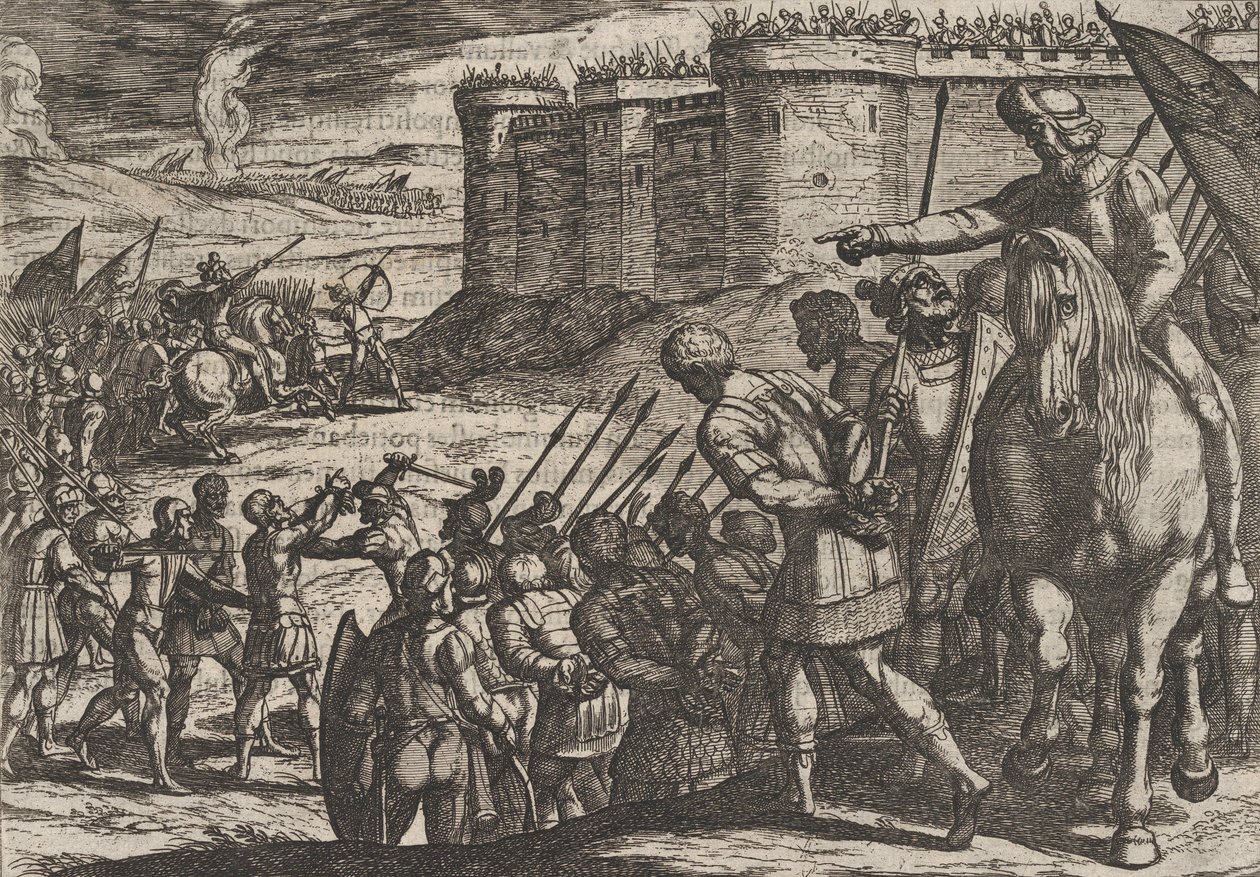 Tavola 16: Prigionieri Romani Davanti alla Vecchia Fortezza, da La Guerra dei Romani Contro i B..., 1611 da Antonio Tempesta