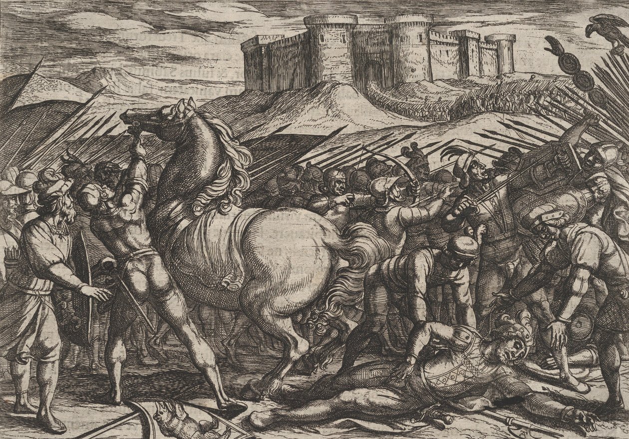 Tavola 17: I Romani ingannati dal cavallo di Civilis a credere che fosse morto o ferito, da... da Antonio Tempesta