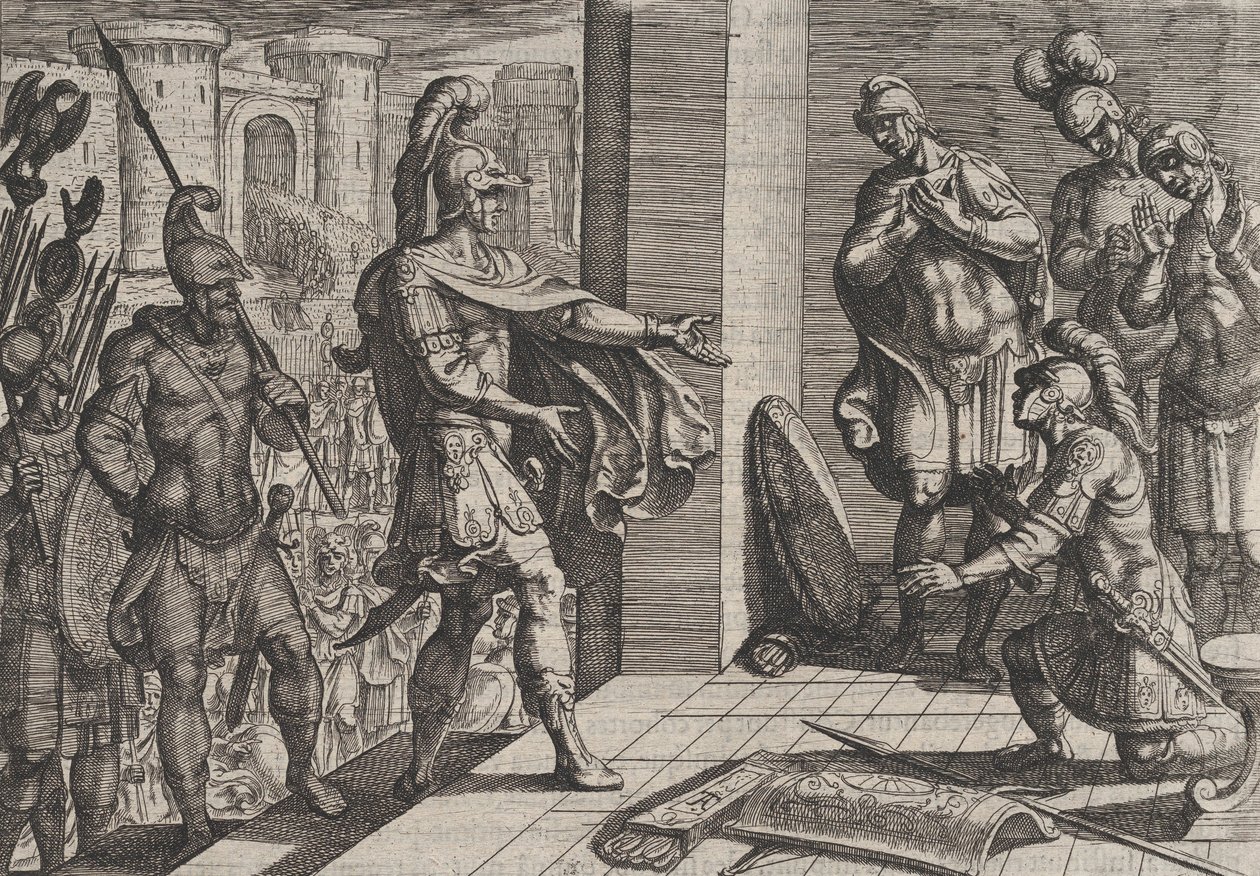 Tavola 26: Cerialis perdona e soccorre i soldati romani che avevano aiutato Civilis, dalla Guerra da Antonio Tempesta