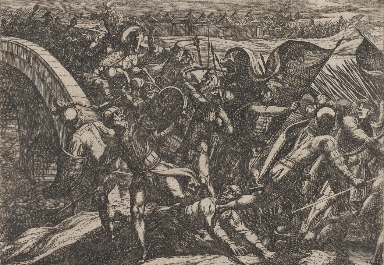 Tavola 27: Gli olandesi durante un attacco a sorpresa del campo romano sulla Mosella, da The Wa..., 1611 da Antonio Tempesta