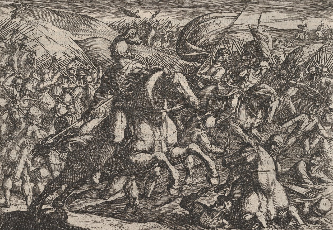 Tavola 30: Cerialis che guida gli olandesi nel Reno, da La guerra dei romani contro..., 1611 da Antonio Tempesta