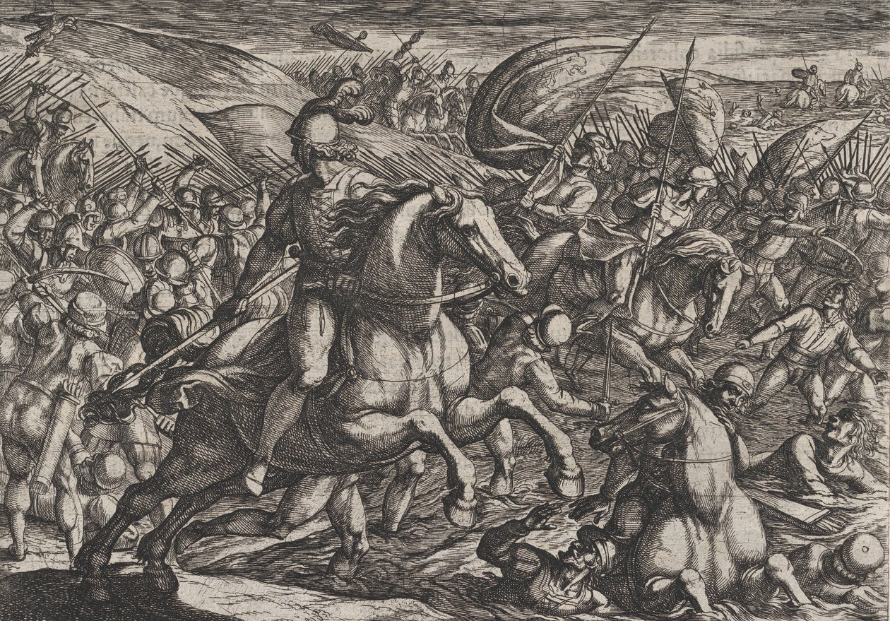 Tavola 30: Cerialis che spinge gli olandesi nel Reno, da La guerra dei romani contro..., 1611 da Antonio Tempesta