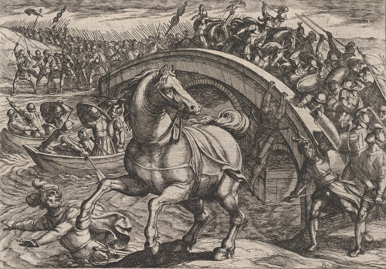 Tavola 31: Civilis costretto a smontare e nuotare attraverso il fiume, dalla Guerra dei Romani da Antonio Tempesta