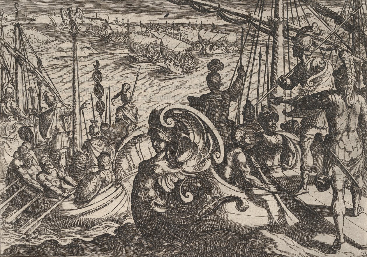 Tavola 33: Flottiglie olandesi e romane sul Reno, da La guerra dei Romani contro i B... da Antonio Tempesta