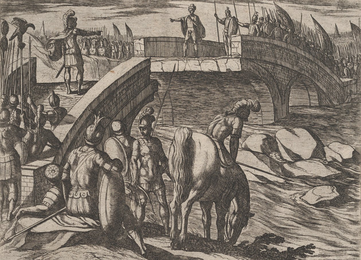 Tavola 36: Civilis e Cerialis si incontrano su un ponte rotto per raggiungere un accordo, da La guerra di... da Antonio Tempesta