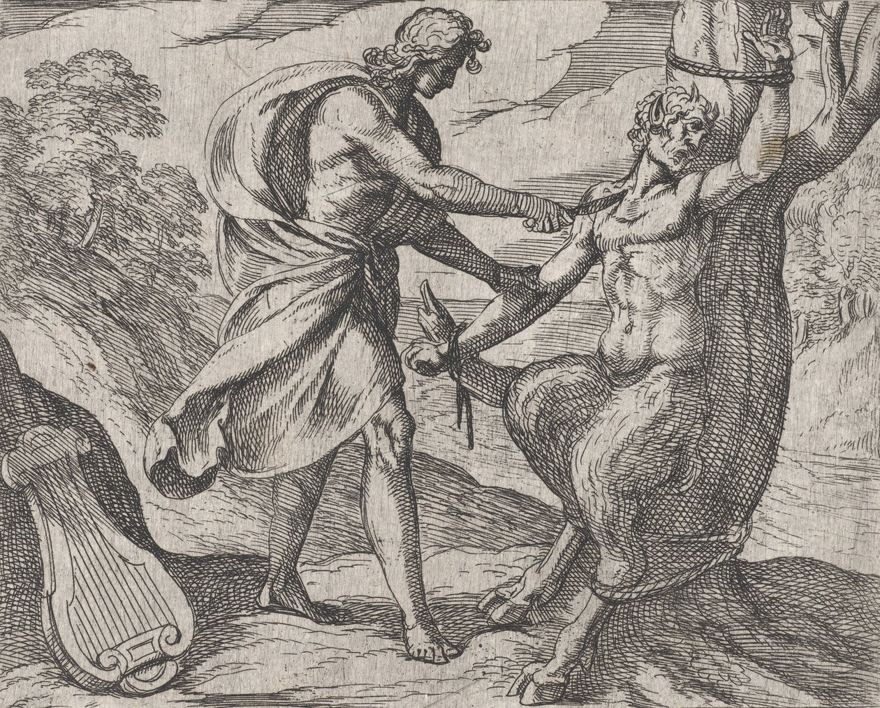 Apollo uccide Marsia, Marsia sconfitto da Apollo viene scorticato, da Ovidio da Antonio Tempesta