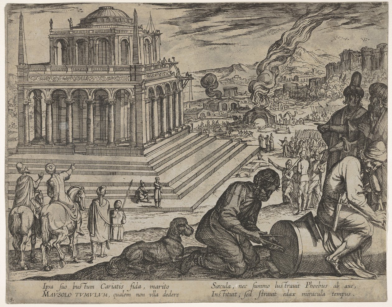 Tavola 5: Tomba di Mausolo, scalpellini fanno una colonna a destra, da Le Sette Meraviglie..., 1608 da Antonio Tempesta
