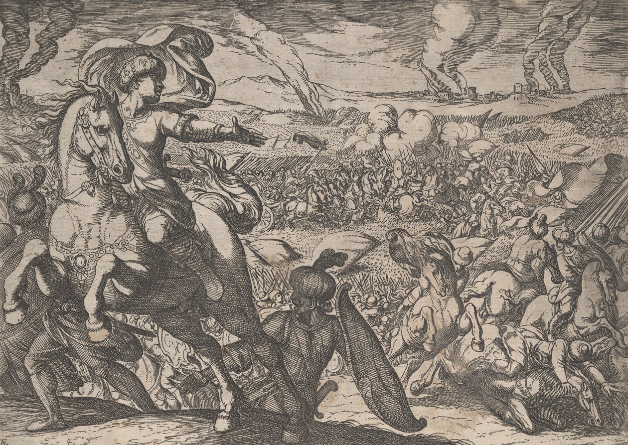 Tavola 6: Dario fugge dal campo di battaglia, da Le gesta di Alessandro Magno da Antonio Tempesta