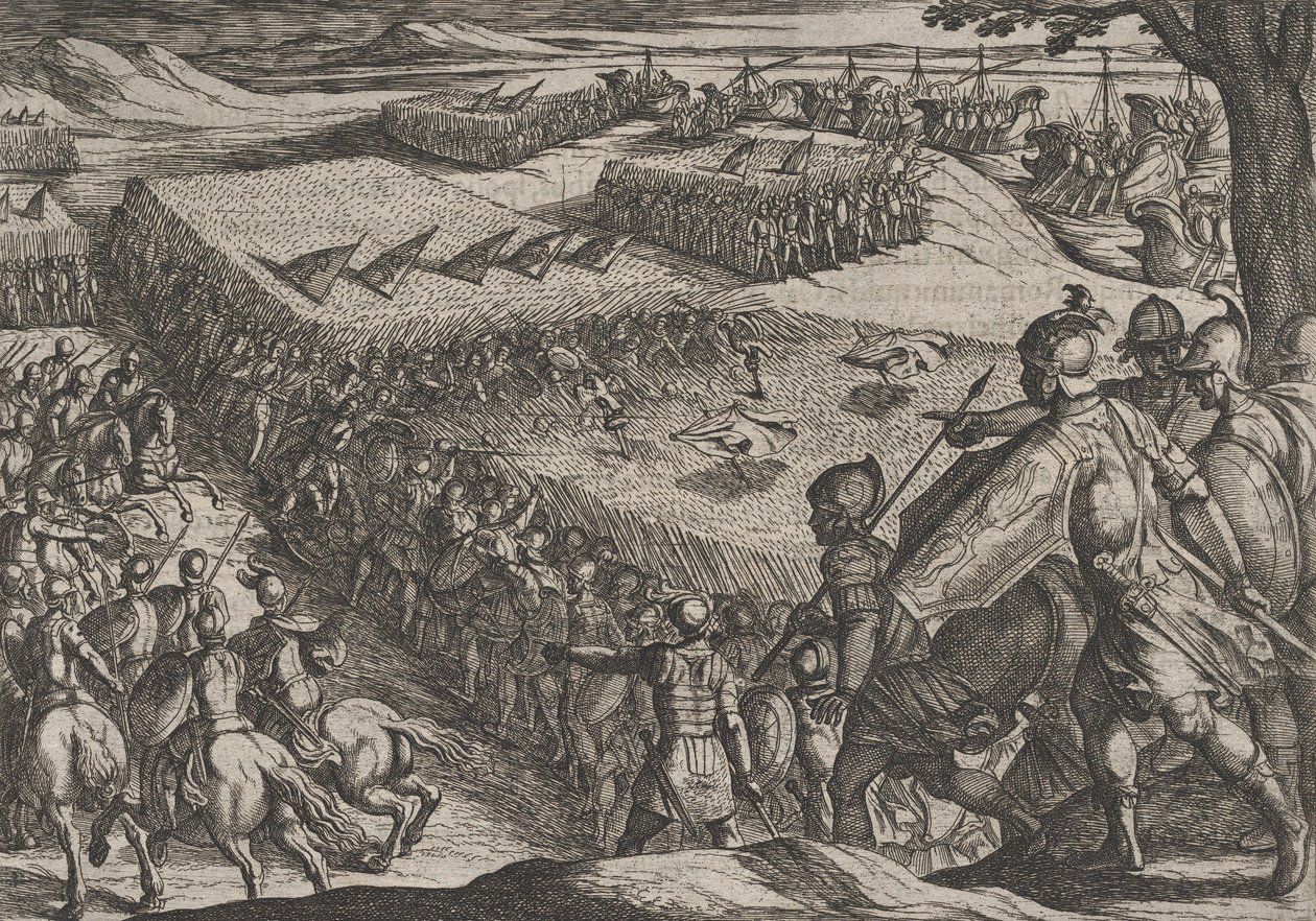 Tavola 6: I Romani sconfitti vicino al Reno, da La guerra dei Romani contro i Batavi..., 1611 da Antonio Tempesta
