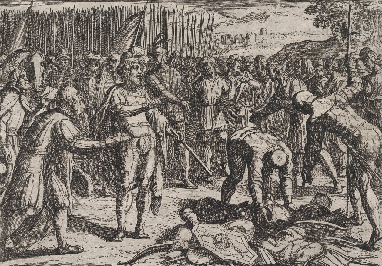 Tavola 7: Inviati tedeschi visitano Civilis, dalla Guerra dei Romani contro i Batavi R... da Antonio Tempesta