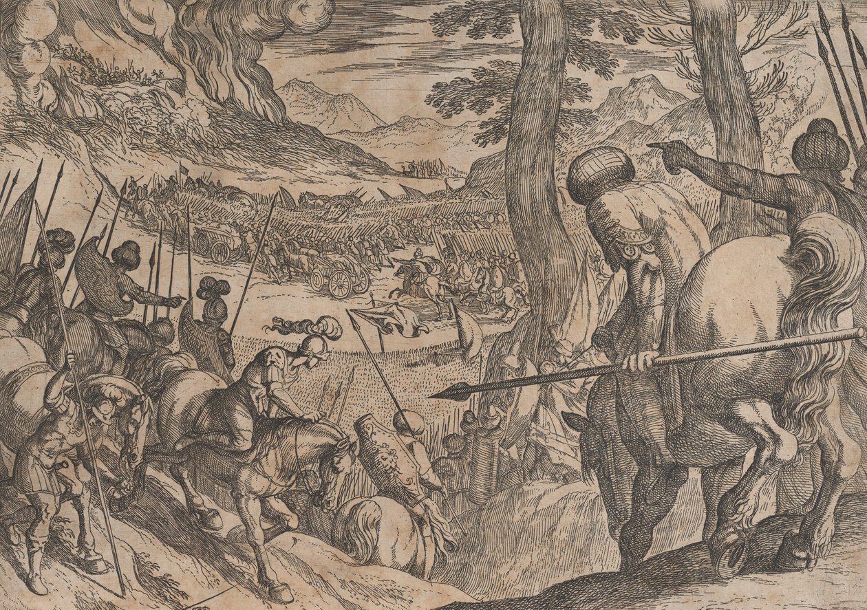 Tavola 8: Alessandro circonda le truppe nemiche con il fuoco, da Le gesta di Alessandro... da Antonio Tempesta