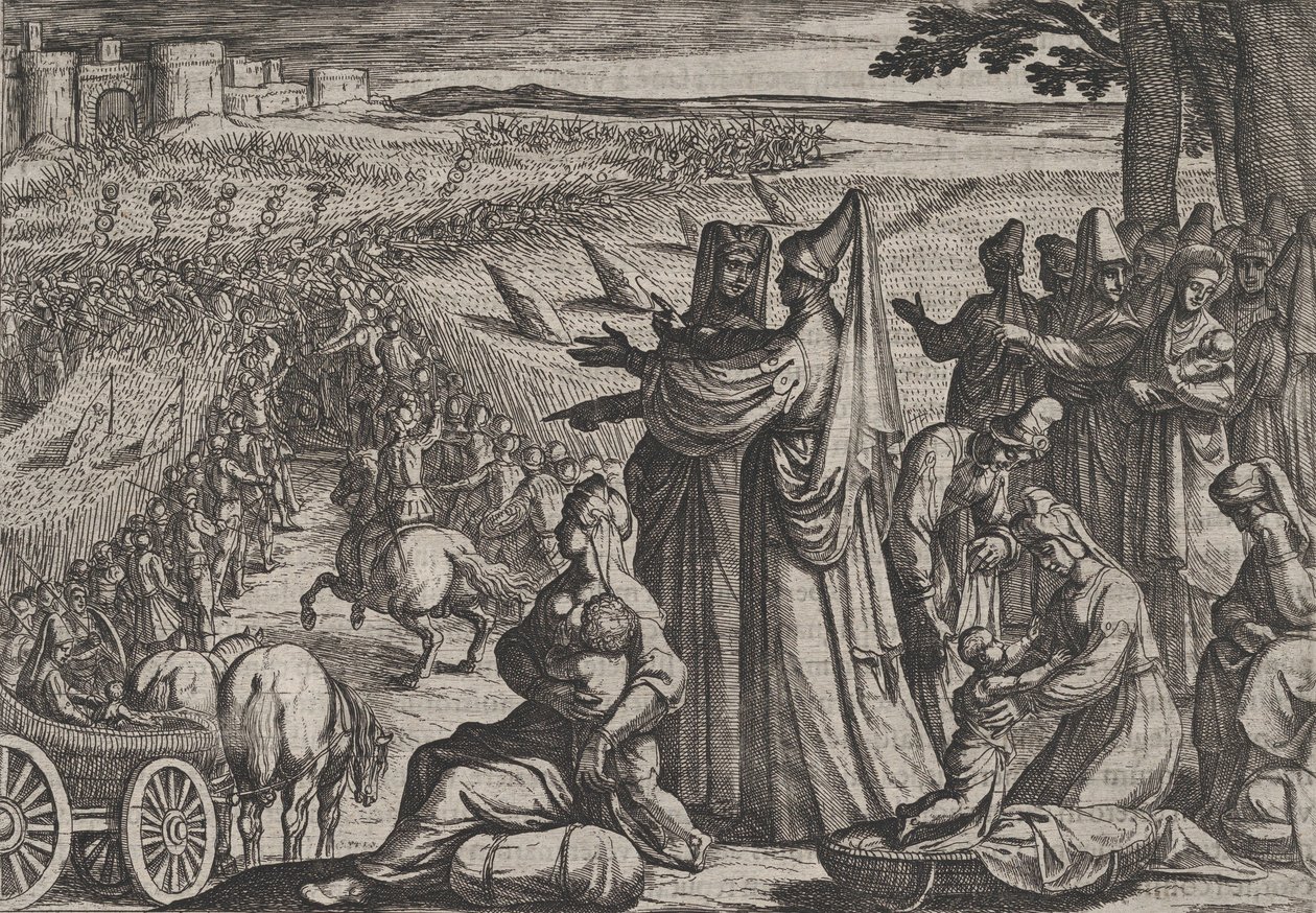 Tavola 8: Donne e bambini osservano Civilis combattere i Romani, da La guerra dei Romani, 1611 da Antonio Tempesta