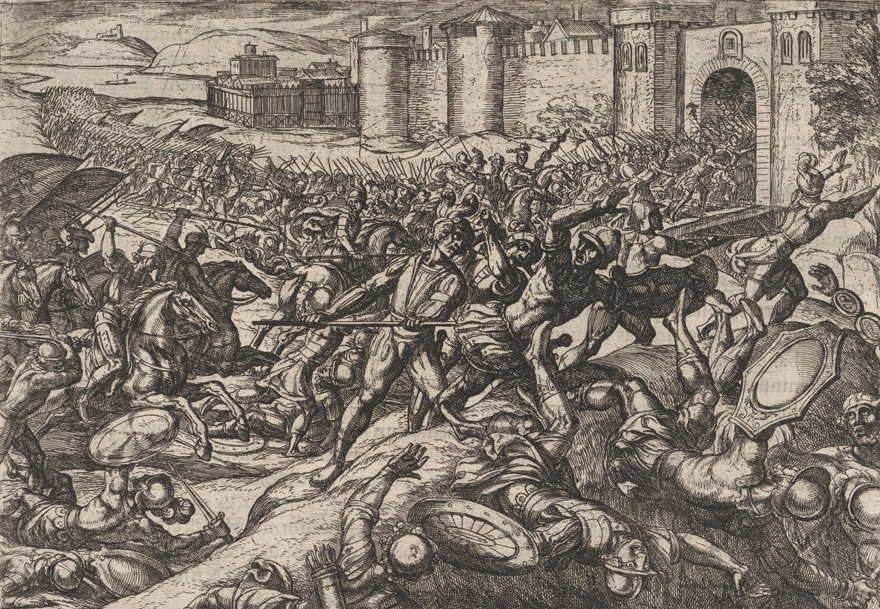 Tavola 9: I Romani sconfitti dalle truppe olandesi a Bonna, dalla Guerra dei Romani contro..., 1611 da Antonio Tempesta