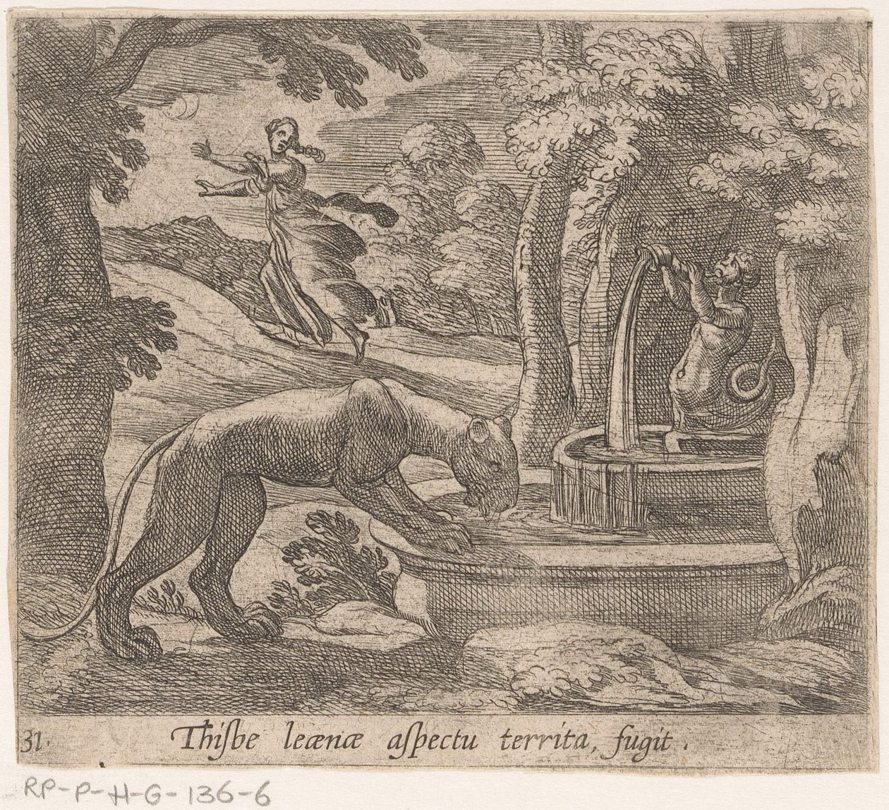 Thisbe fugge dal leone alla fonte da Antonio Tempesta