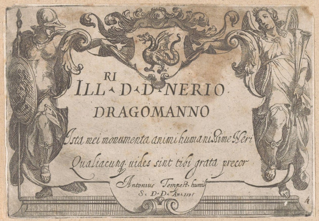 Frontespizio con cartiglio con dedica, fiancheggiato da Minerva e Fama (Scene di caccia) da Antonio Tempesta