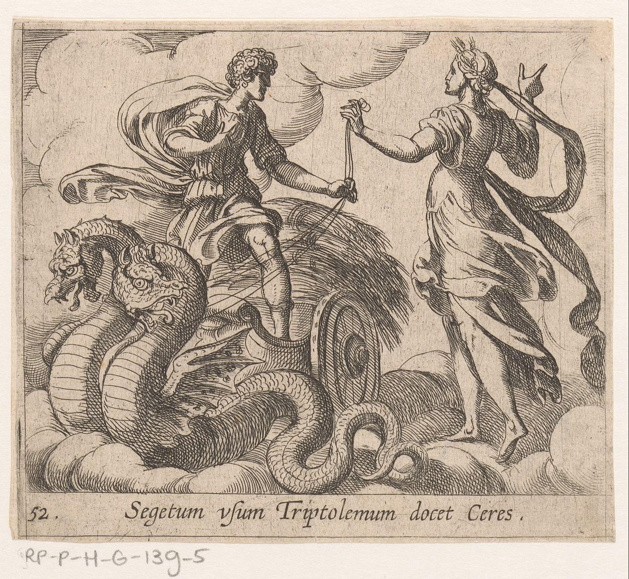 Triptolemo riceve il carro di Cerere (Segetum vsum Triptolemum docet Ceres, serie Metamorphoseon sive transformationum, Metamorfosi di Ovidio) da Antonio Tempesta