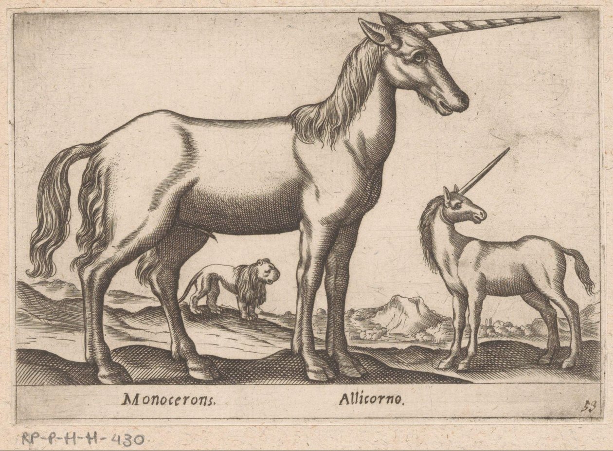 Due unicorni e un leone (serie Dieren en fabelwezens, Nova raccolta de li animali piu curiosi del mondo) da Antonio Tempesta